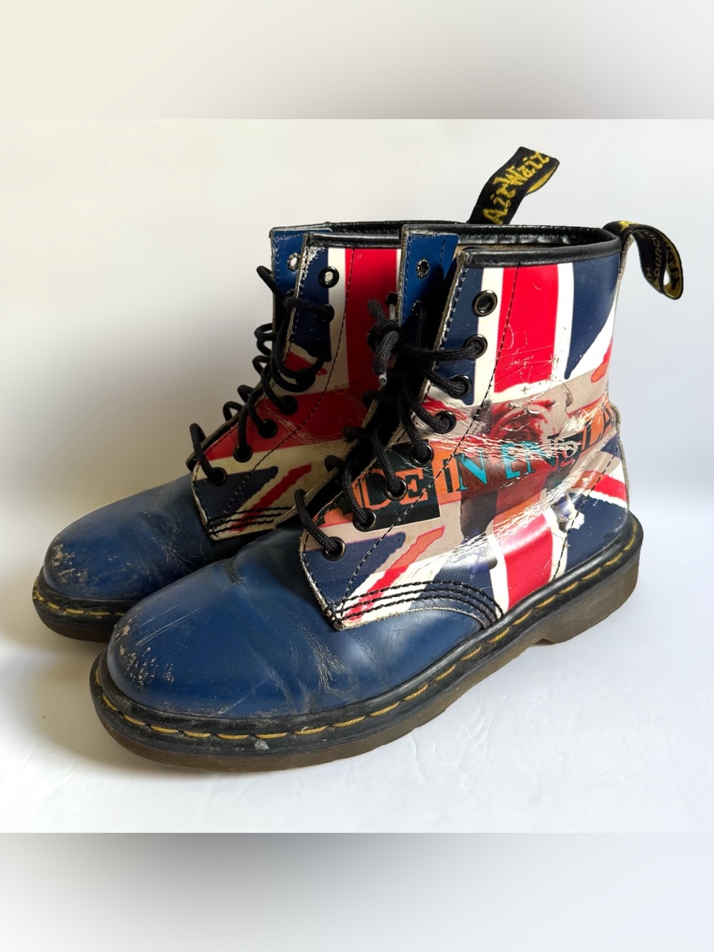 Vtg 90s Distressed Dr. Martens Union Jack Bulldog Leather Boots England READ